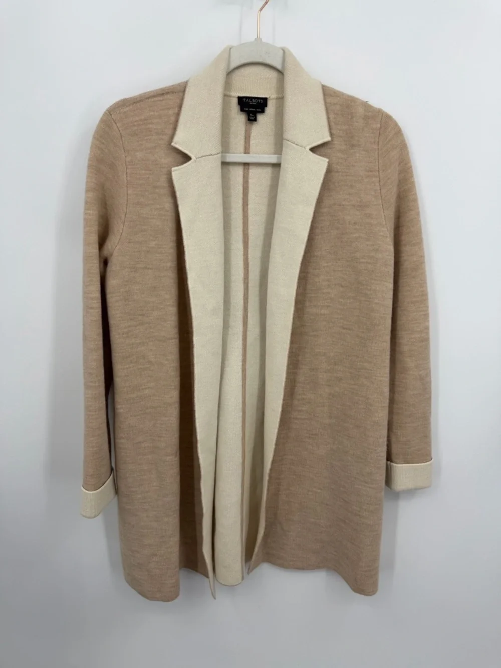 Talbots Pure Merino Wool Ivory Knit Open Long Line Cardigan Sweater SP Petite Sm